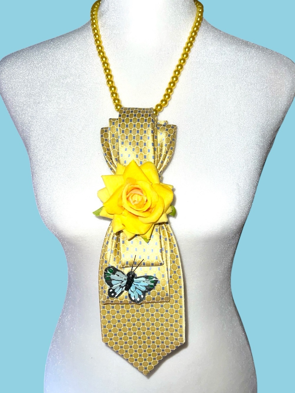 Yellow Floral Tie Pendant Necklace with Butterfly Accent